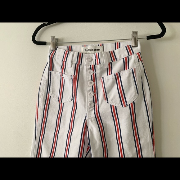 Reformation White Red Striped Crop Jeans 24 - Picture 8 of 9